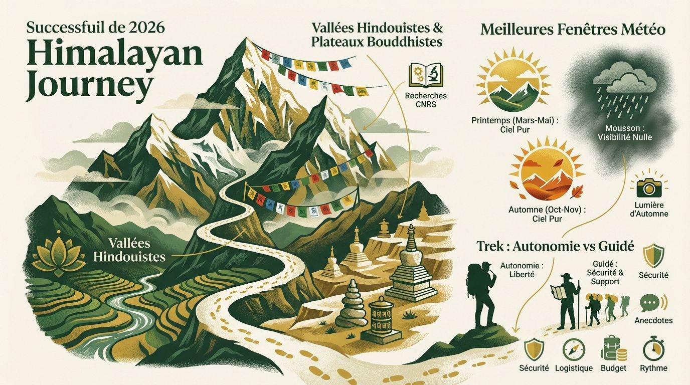 Vue panoramique des sommets enneigés de l'Himalaya avec des drapeaux de prières tibétains au premier plan