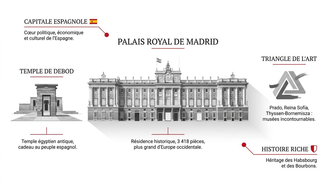 Façade monumentale du Palais Royal de Madrid sous un ciel bleu