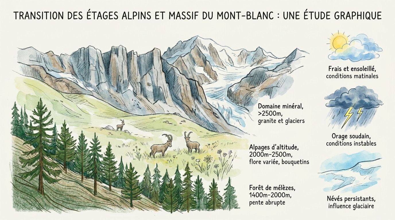 Vue sur les étages de végétation alpine et le massif du Mont-Blanc